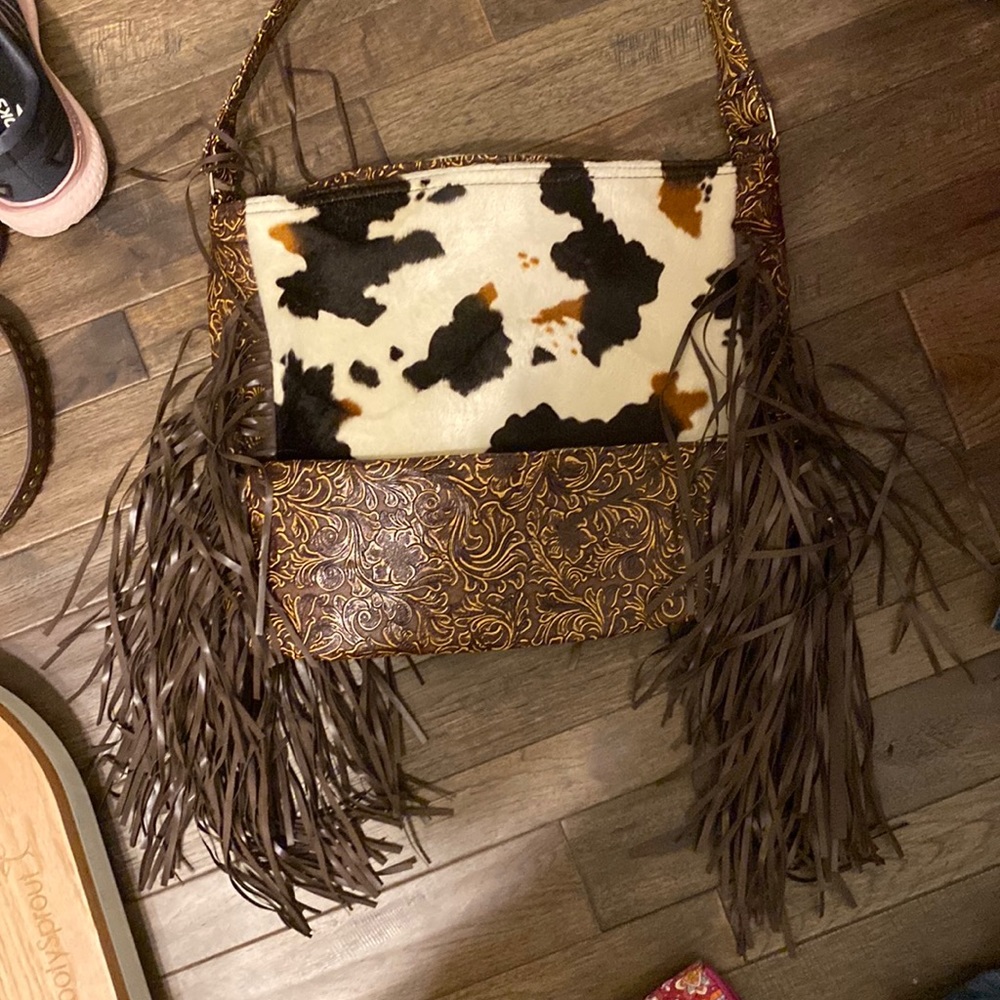Cowhide & Tooled Leather Fringe Western Purse